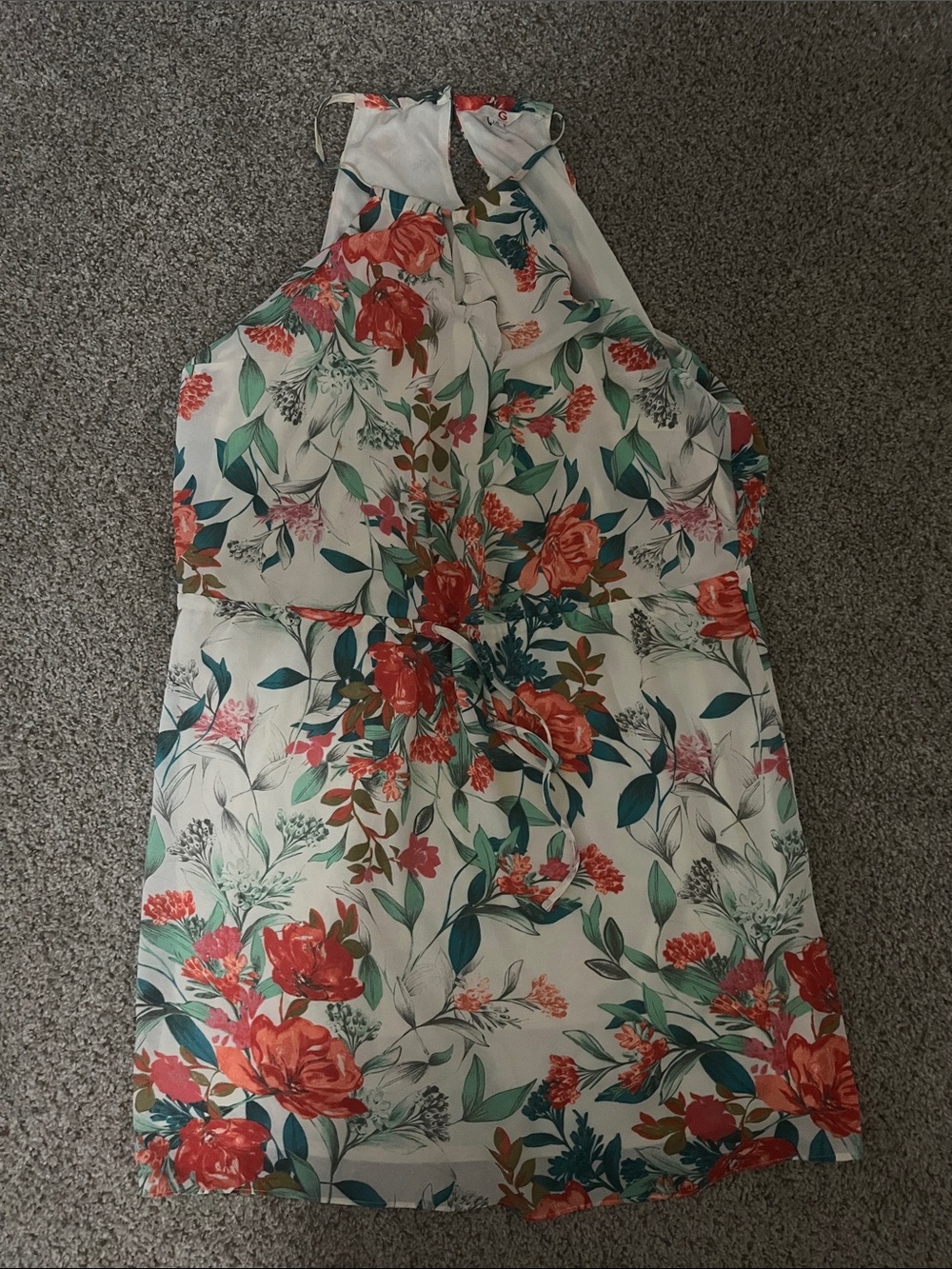 G by Guess Cream Halter Mini Dress with Red & Green Floral Print